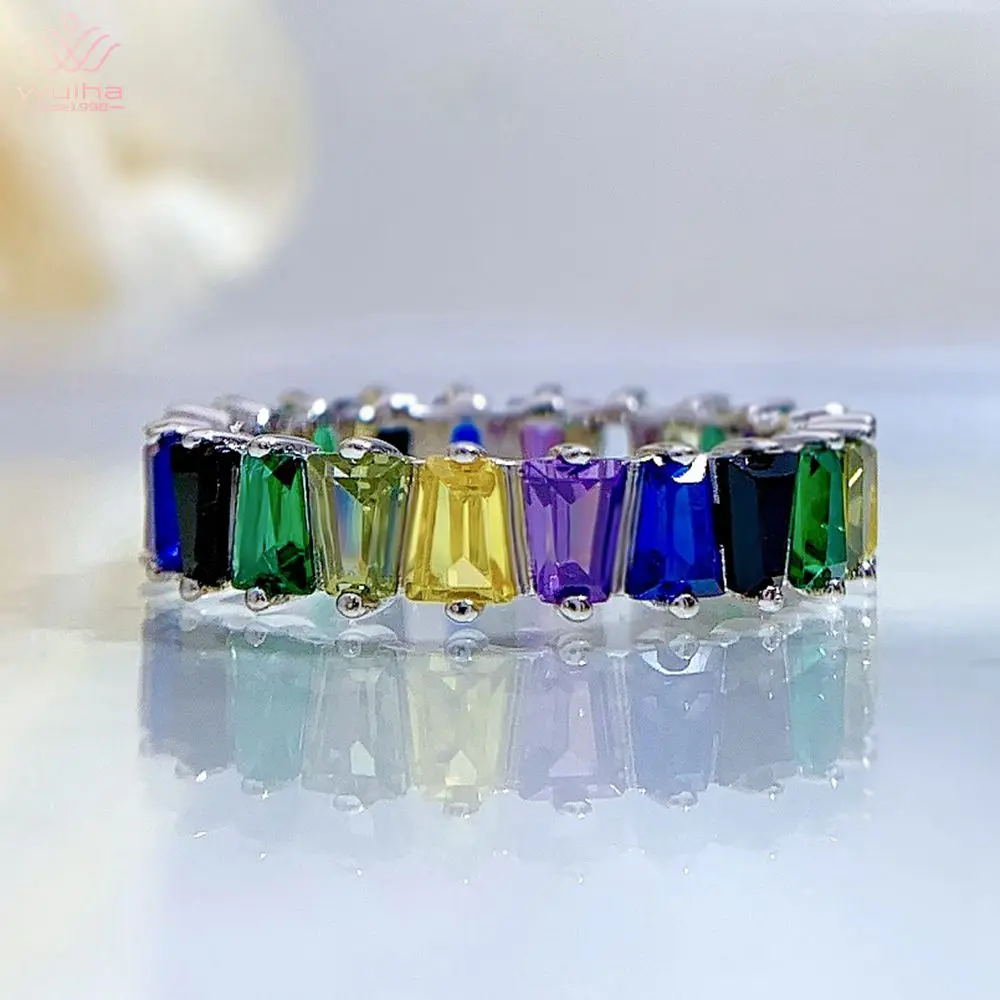 

WUIHA 100% 925 Sterling Silver Trapezoid Multicolor Created Moissanite Gemstone Wedding Engagement Row Diamond Ring Fine Jewelry