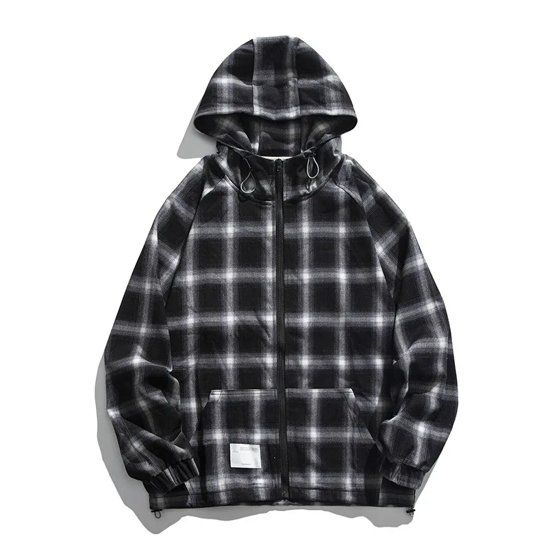 

Ins Trendy Harajuku Plaid Hooded Sweatshirts Handsome Boyfriend Style All-Match High Street Zipper Fly Casual Loose Jackets Coat