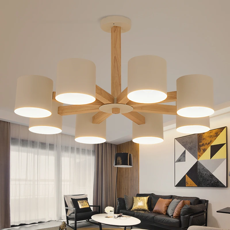 

Modern Wood Chandelier Lights Living Room Bedroom White Lampshade Wooden Hanglamp Art Decor Luminaire Lamparas Lighting