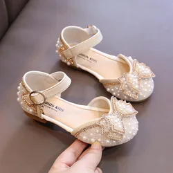 Girls Princess Sandals 2024 Summer New Baby Pearl Rhinestones Bow Single Shoes Fashion Non-slip Flat Children's Shoe E963