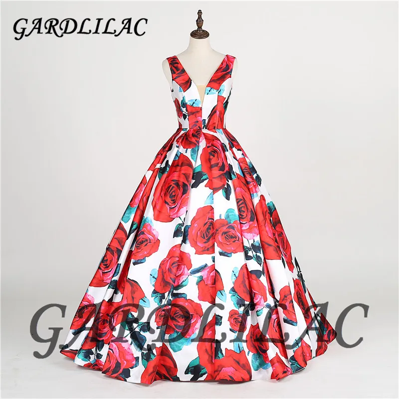 Gardlilac 2021 Womens Long Evening Dresses 2021 Red Floral With Pockets Formal Party Gowns Evening Gowns