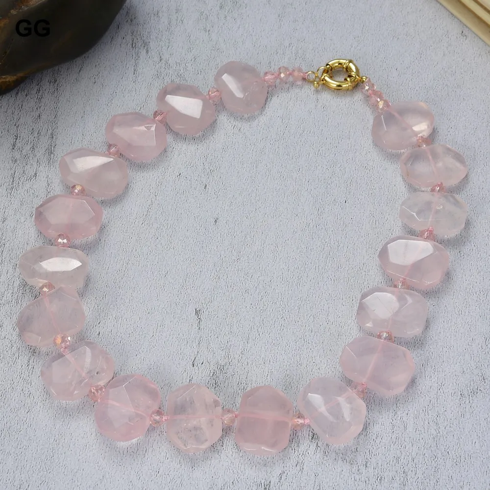 GuaiGuai Jewelry 18'' 20MMx23MM Natural Pink Rose Quartzs Faceted Slice Rectangular Necklace