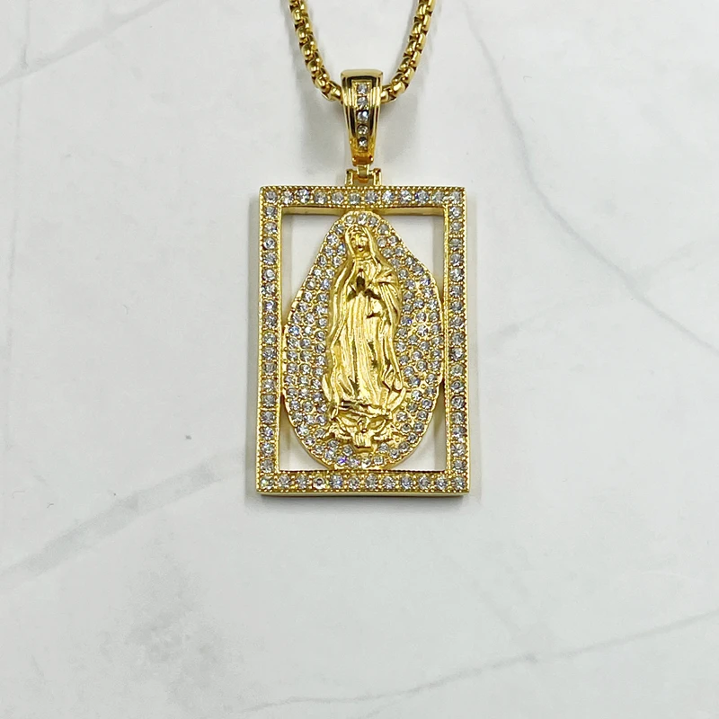 Classic Christian Jewelry Gold color Blessed Virgin Mary Pendant Necklace with rhinestone For Women Men