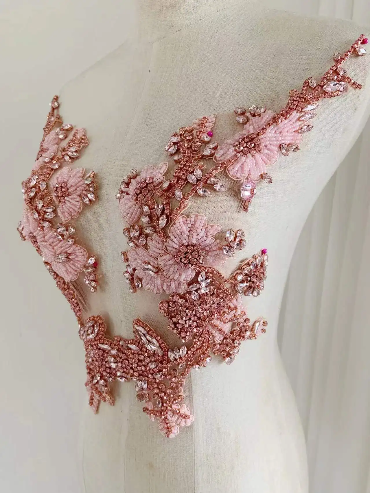 

1 Pair Pink Diamond Bead Floral Applique Luxury Rhinestone Patch for Bodice Costume,Wedding Dress,Shinning Couture,Corset,Coat