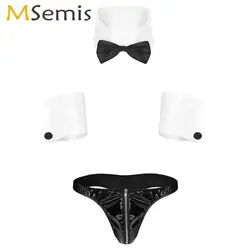 Uniforme de sirvienta erótica para hombre, bragas de Bikini de cuero de látex Wetlook + puño de cuello, conjunto de lencería Sexy para sirviente, disfraz de juego de rol para Club