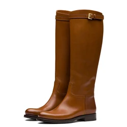 Meotina-botas de equitación de cuero genuino para mujer, botines hasta la rodilla de tacón bajo y grueso con hebilla y punta redonda, color marrón, 43, otoño e invierno