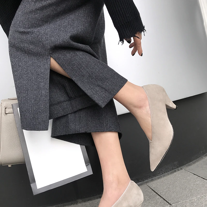 hot VANGULL women Genuine Leather shoes cow leather Sheep suede spike heels pointed toe women pumps professional  office career