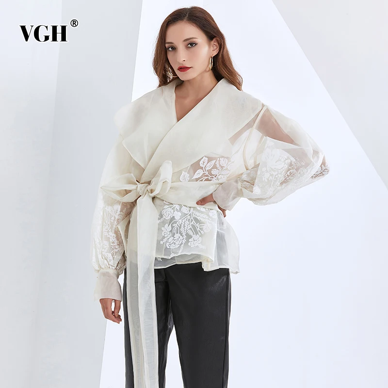 VGH Vintage Print Embroidery Shirt For Women Lapel Long Sleeve Sashes Elegant Blouse Female Fashion New Clothing 2025 Spring