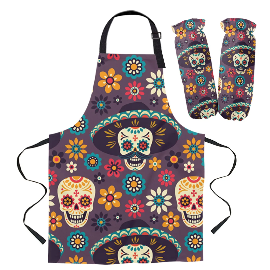 Mexico Skull Flower Round Red Blue Apron Cuff Kitchen Aprons Home Cooking Baking Waist Bib Aprons for Woman