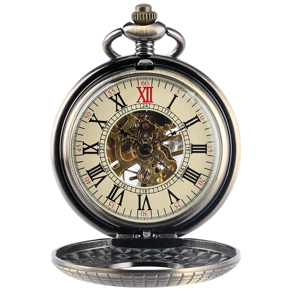 Luxury Wood Bronze Mechanical Hand Winding Pocket Watch Roman Numerals Display Dial Half Hunter Manual Pocket Pendant Clock