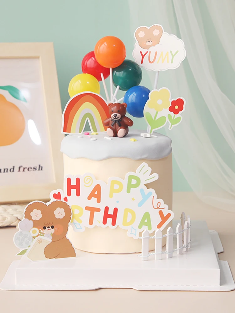 Brown Candle Bear with party balloon Happy Birthday Cake Topper for Children`s Day Baby Shower Gift Cupcake Dessert Supplies