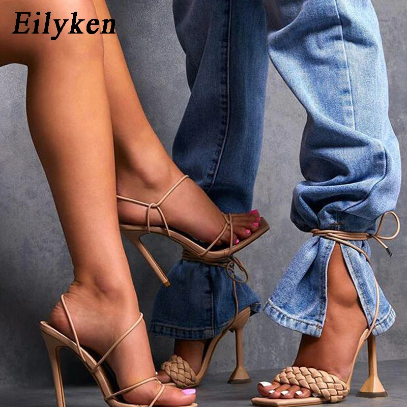 Eilyken Sandals Women Hollow Cross-Tied Weave Shoes Fashion Cozy Leather Peep Toe Ankle Strap Ladies Strange Heels Pumps