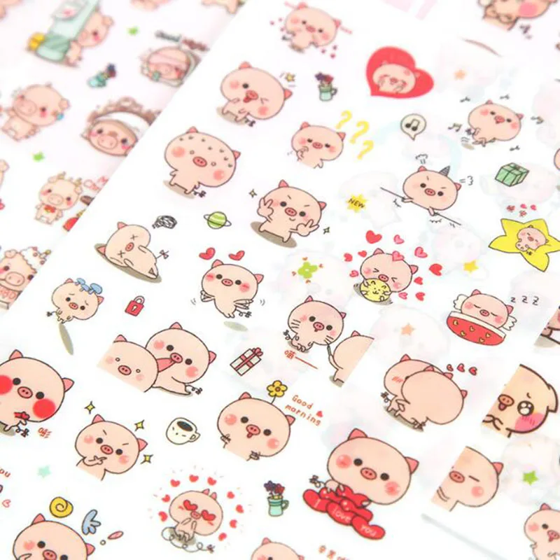 6pcs / Bag, Cartoon Cute Pink Pig Expression Transparent Sticker Pvc Children Stationery Decoration Life Scrapbook Sticker Gift