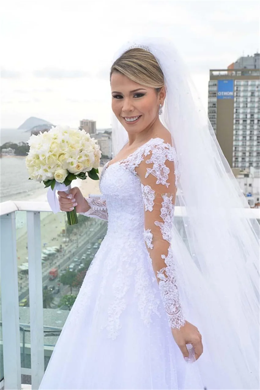 Robes de mariée à manches longues avec appliques en dentelle blanche, ligne A, tulle perlé, robes de mariée bon marché, quelle que soit la robe de mariée