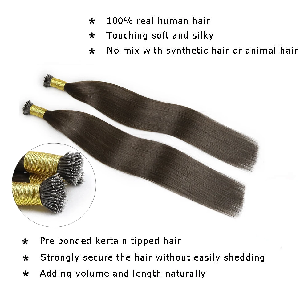 Straight Nano Rings Human Hair Extension Machine Remy Micro Beads Ring Hair Extensions 0.8g/1g/Strand 12-26Inch Natural Color