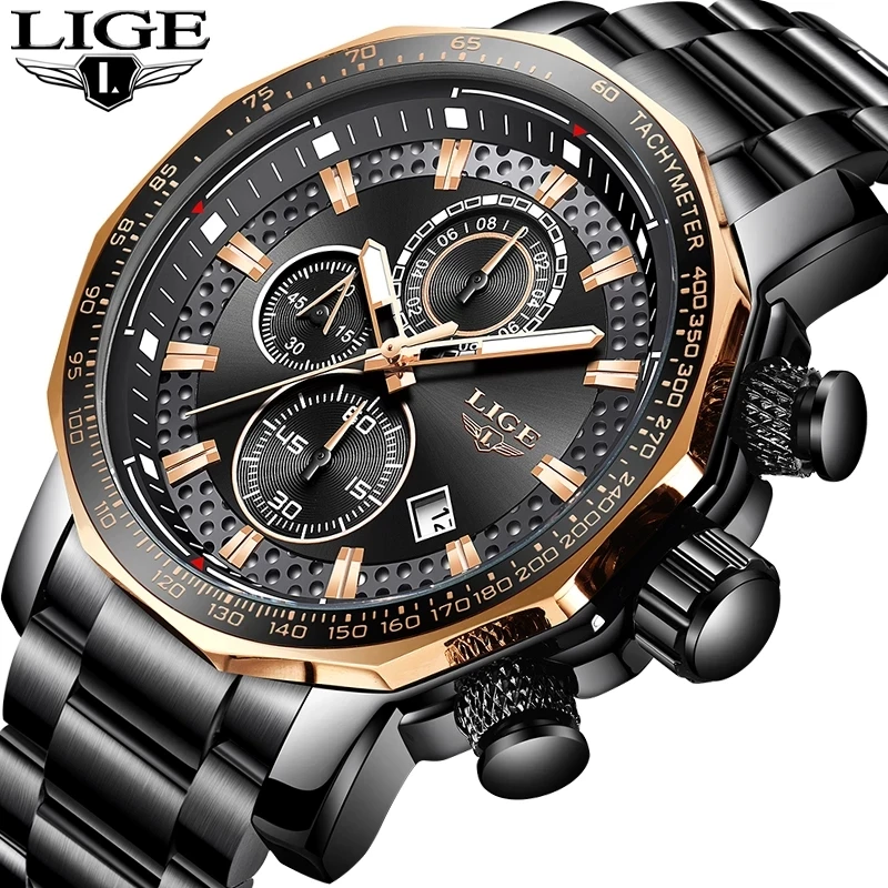 LIGE-Reloj analógico de acero inoxidable para hombre, accesorio de pulsera de cuarzo resistente al agua con cronógrafo, complemento deportivo masculino de marca de lujo con esfera grande, nuevo