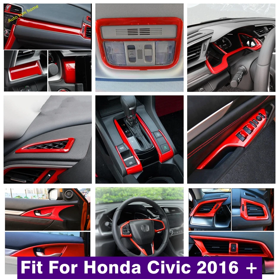 

Reading Light Lamp Steering Wheel Window Lift Button Dashboard Door Handle Bowl Cover Trim For Honda Civic 10th 2016 - 2020 Red