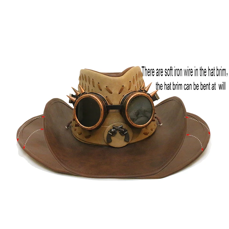 Gothic Rivet Steampunk Unisex Women Men High Quality Leather Roll Up Wide Brim Sombrero Sun Cap Beach Cowboy Cowgirl Western Hat