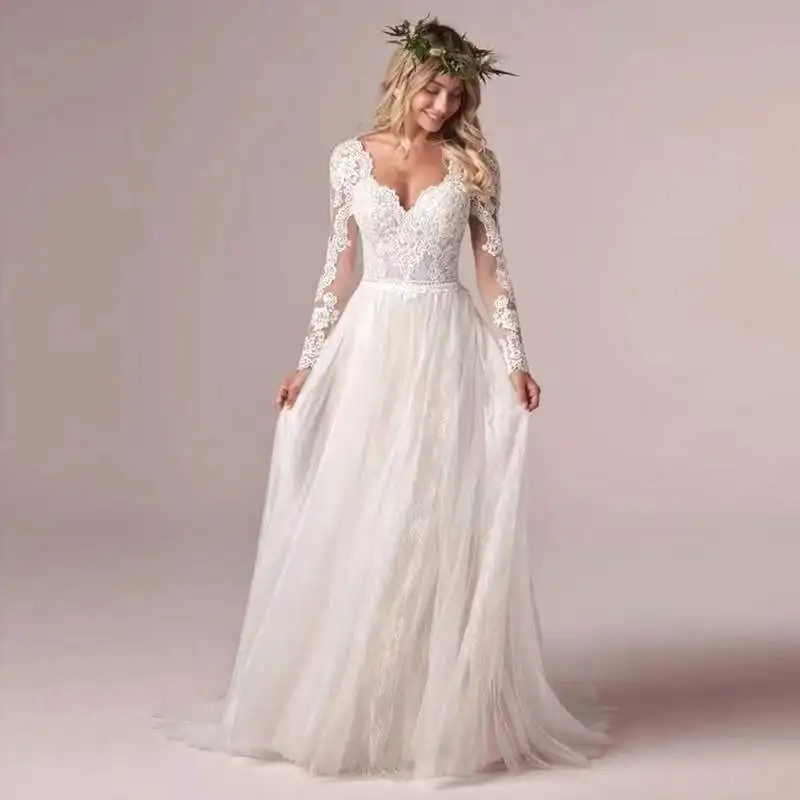 

Женское свадебное платье CloverBridal, кружевное + Тюлевое пляжное платье невесты, новое платье с длинным рукавом, 2021 DH9497