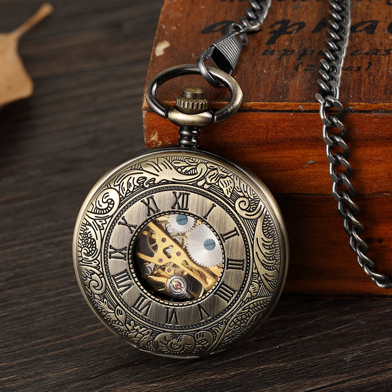 Wheel Double Sided Hollow Hand Wind Mechanical Pocket Watch Men Brown Bronze Steampunk Vintage Pendant Fob Watch With Chain