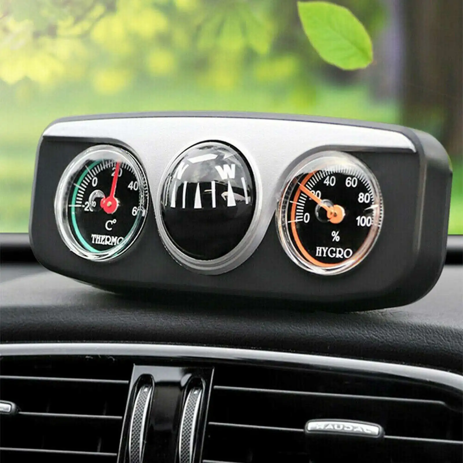 Black 3 In 1 Car Vehicle Dashboard Thermometer Hygrometer Hike Compass Navigation Ball Navigation Compass Camping Hiking