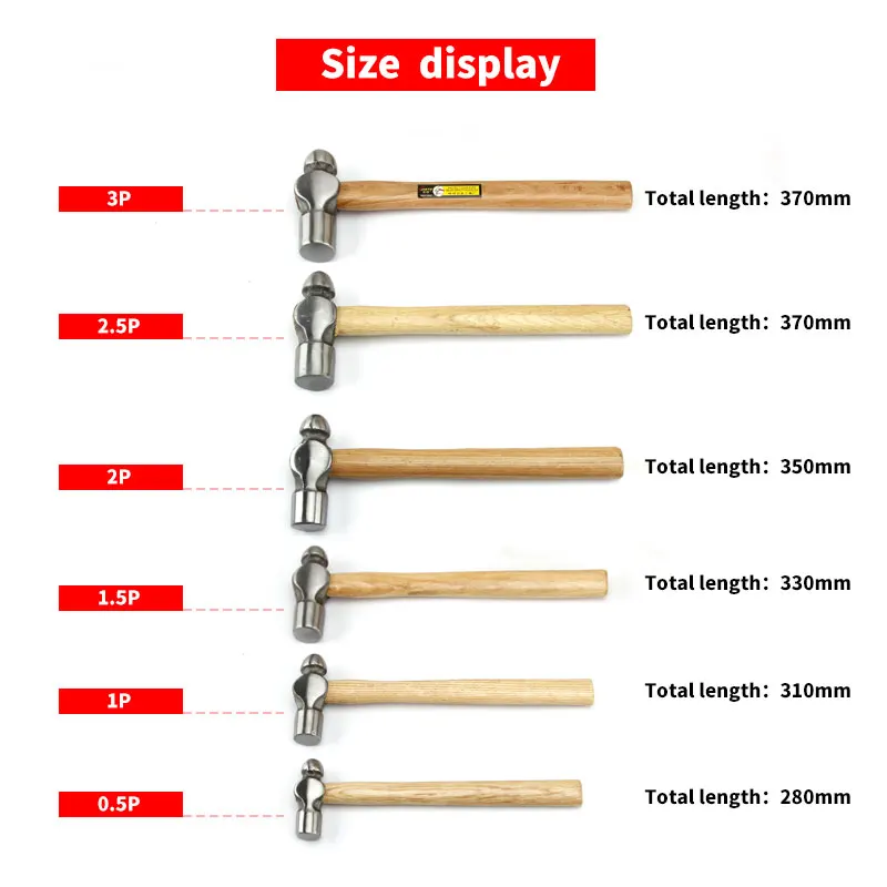 High-carbon Steel Round Hammer Ball Pein Nipple Hammer Hardware Tool Household Hammer with Wood Handle 0.5P 1P 1.5P 2P 2.5P 3P