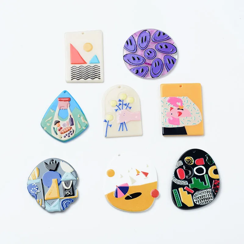 6PCS/lot Acetate Irregular Van Gogh Oil Painting Jewelry Accessories Hand Made Earrings Connectors DIY Pendant Components Charms