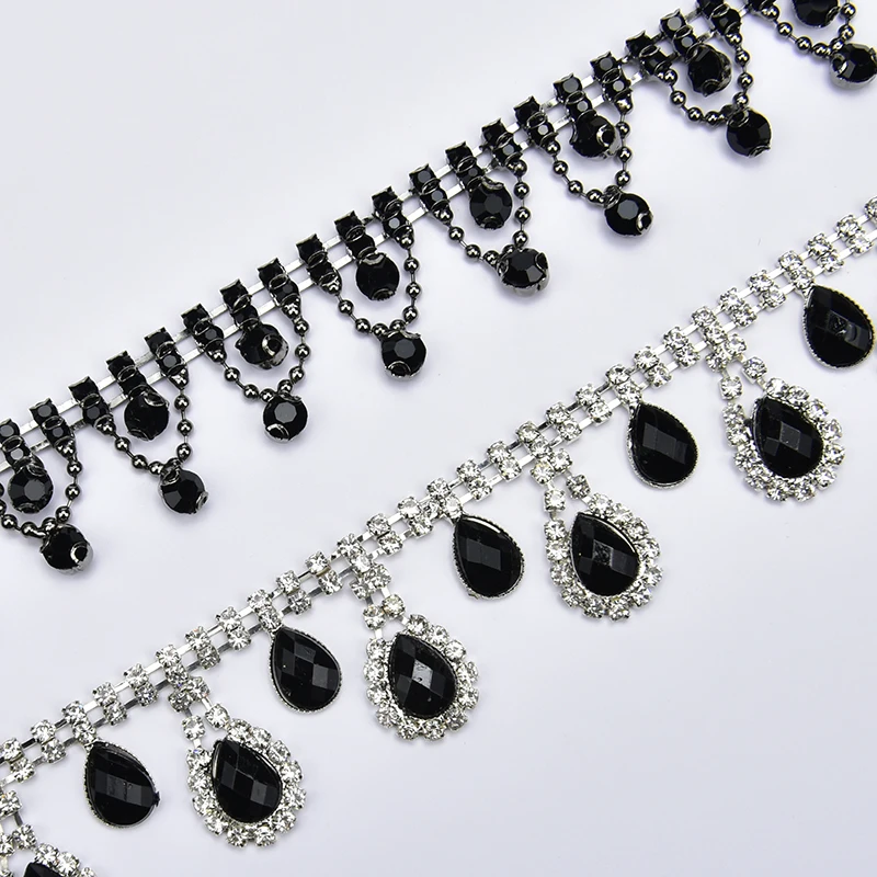 Black Wavy Rhinestone Beaded Metal Chain Glass Crystal Short Sleeve Dress Neckline Diamond Ornament Sewing Short Tassel Trimming