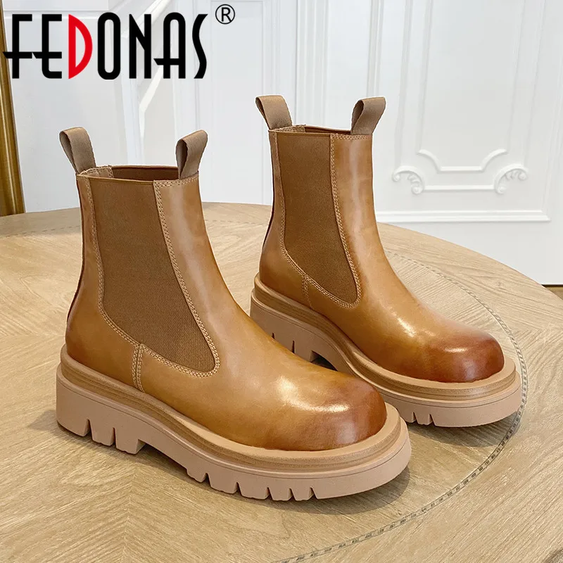 FEDONAS Female Genuine Leather Ankle Boots Chelsea Boots Autumn Winter Punk Motorcycle Boots Night Club Shoes Woman Short Boots