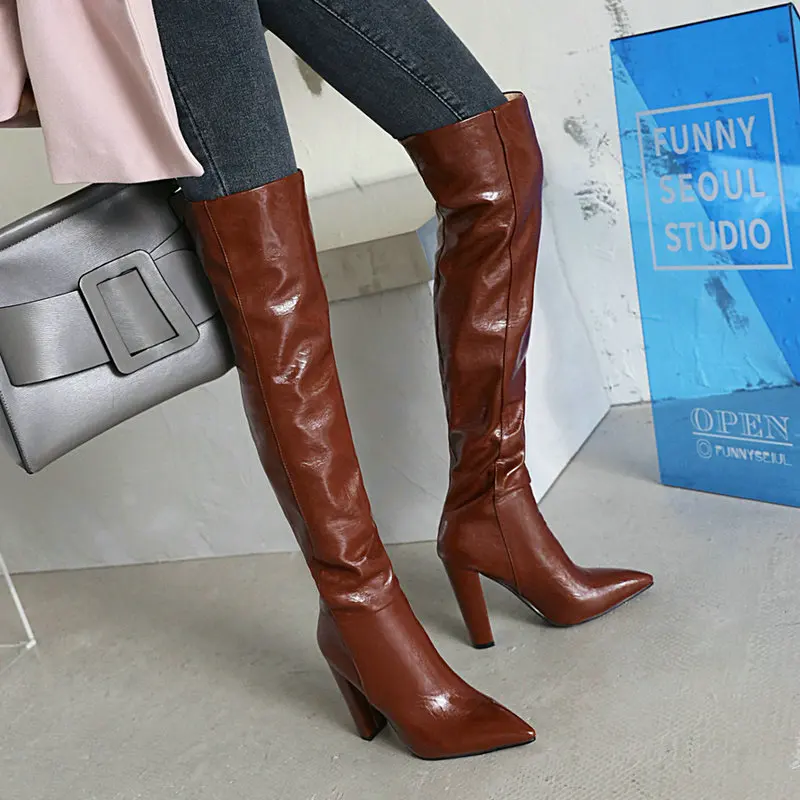 Faux Leather Brand Design Women Over the Knee Boots Fashion Pointed Toe Square High Heel Ladies Long Boots 2021 New Women\'s Shoe