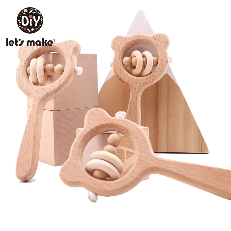 Wooden Rattle Baby Toys 1pc Beech Bear Hand Teething Wooden Ring Baby Rattles Play Gym Montessori Toy Stroller Educational Toys