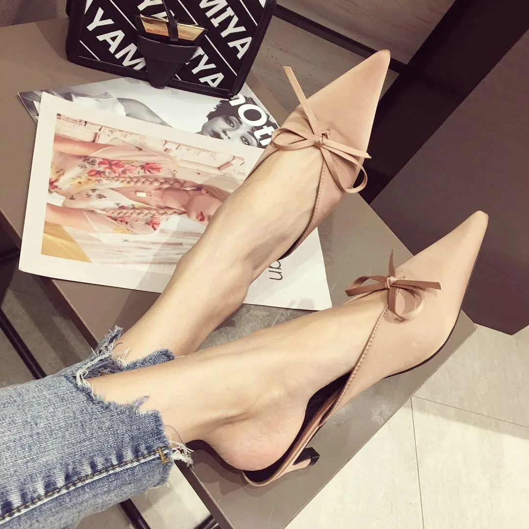 Fashion Women Slippers Pointed Toe Satin Bow Design Slip On Thin Low Heels Elegant Sandals Slippers Summer Outdoor Mules Shoes