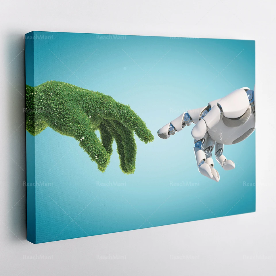 Nature and technology abstract concept robot hand and natural hand art canvas print home wall decoration hand