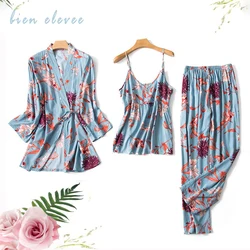 Conjunto de bata con estampado de flores Conjuntos de pijamas para mujer Ropa de dormir Ropa interior sexy Pijamas estampados florales Bata para damas Traje de casa Primavera Otoño Ropa de dormir Pijamas 3 piezas