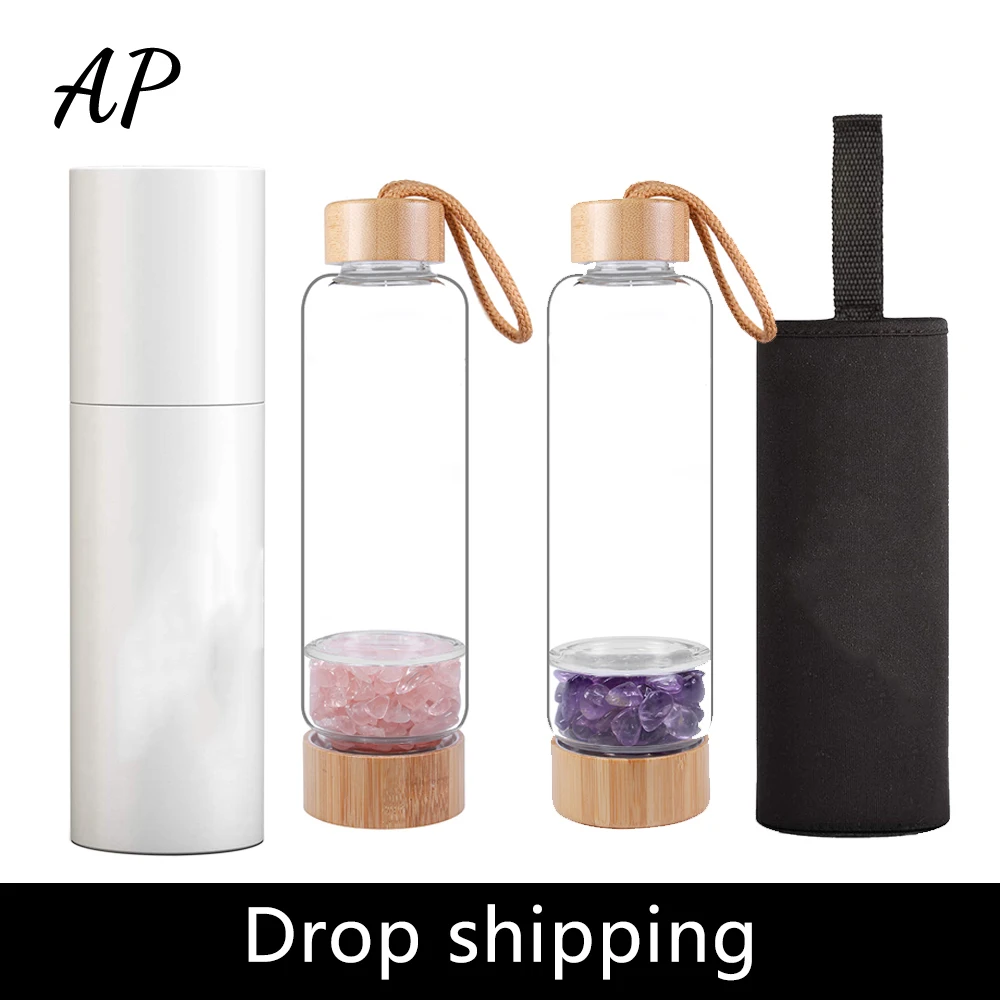 Drop Shipping Crystal Gravel Healing Reiki Bamboo Glass Bottle Natural Gravel Irregular Stone Crystal Glass Water Bottle