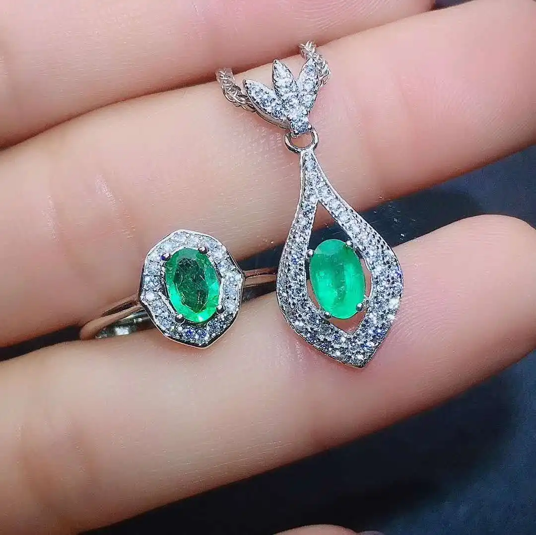 

Real Natural Emerald jewelry set Natural Real Emerald 925 sterling silver 1pc pendant,1pc ring