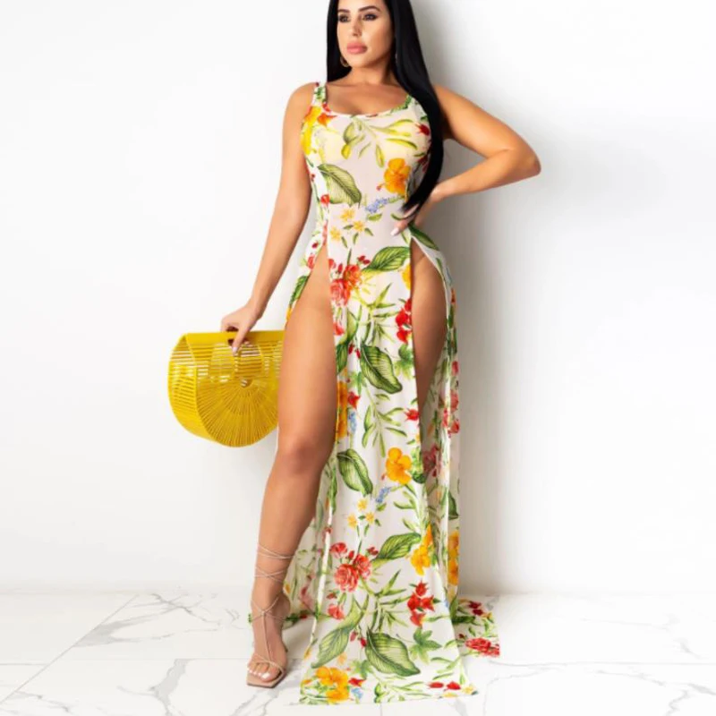 Women’s Sexy Perspective Bikini Smock Fashion Plant Printed High-waist Sleeveless Beach Long Dress