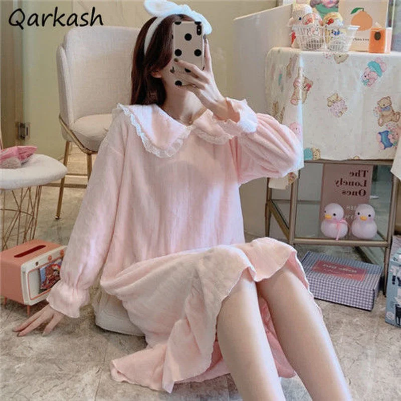

Nightgowns Women Thick Warm Cozy Winter Casual Chic Maiden Loose Sleepwear Ulzzang Sweet Style Korean College Turn Down Collar
