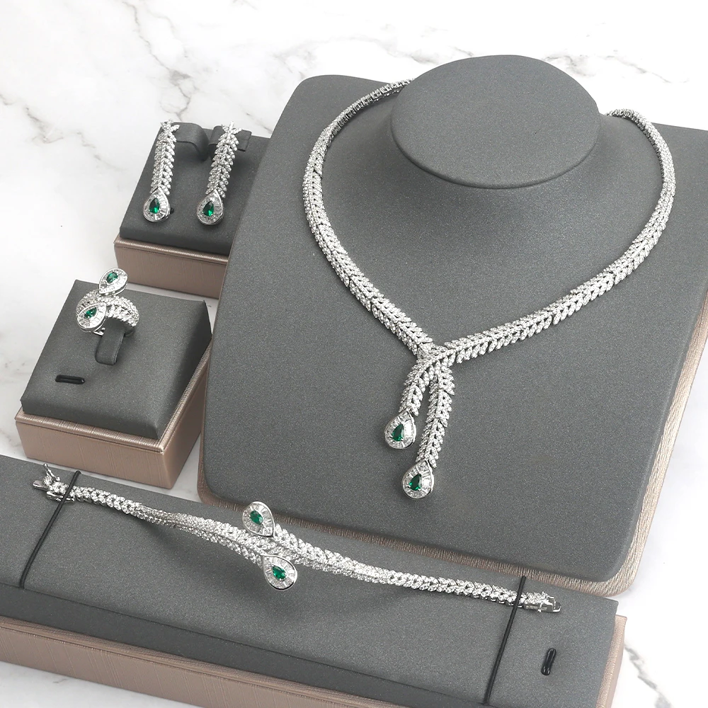 

TIRIM Luxury Love Heart Tree Leaf Jewelry Set for Women Accessories Cubic Zircon Bridal Bangle Earring Necklace Set WeddingParty