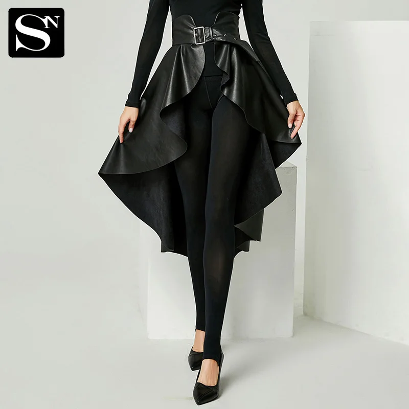 

TIYIHAILEY Free Shipping 2022 New Fashion Stretch Long Mid-calf PU Leather Women S-3XL High Waist High Low Ruffles Black Skirts