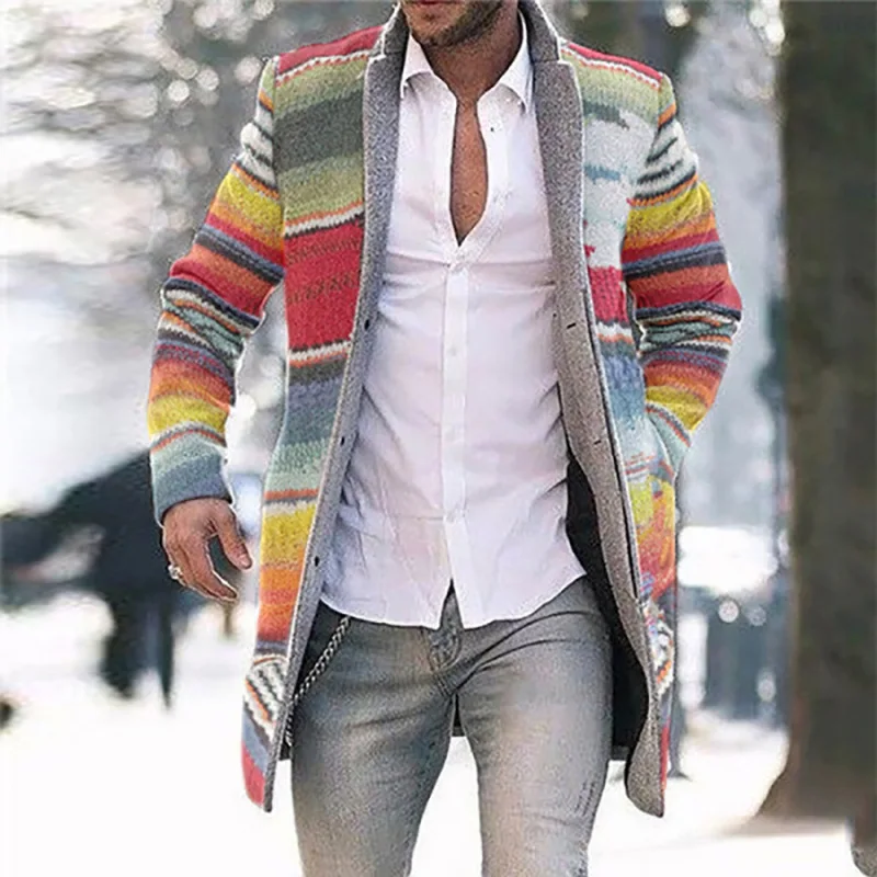 Men's Woolen Windbreaker Designer Rainbow Print Single-Breasted Jacket 2020 Male Brand Outwear Long Sleeves Luxury Mid-Long Coat