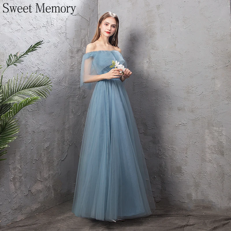 Custom Tulle Dusty Blue Bridesmaid Dresses Long Elegant Women Formal Gown Evening Vestido Longo Lace Up Prom Wedding Guest Dress