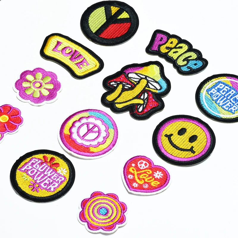 Peace and love Flower smiley Patch for Clothing Iron on Embroidery Applique Cute Fabric Badge DIY phone case Apparel Accessories