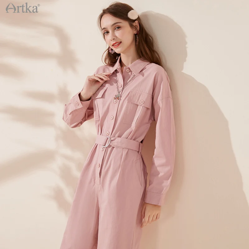 

ARTKA 2022 Spring New Women Jumpsuit Fashion High Waist Button Straight Cargo Jumpsuit with Belt Female Casual Overalls KA25005C