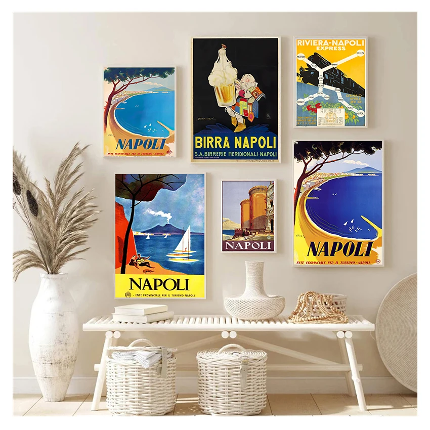 Canvas Paintings Vintage Picture Kraft Posters Coated Wall Stickers Home Decoration Gift Mediterranean City of Naples Italy