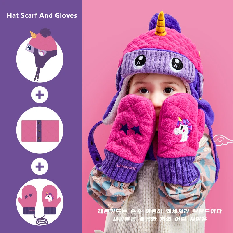 Cartoon Winter Double Layer Thickening Hats Children Warm Beret Hat Windproof Caps Glove And Scarf Sets For Outdoor Riding