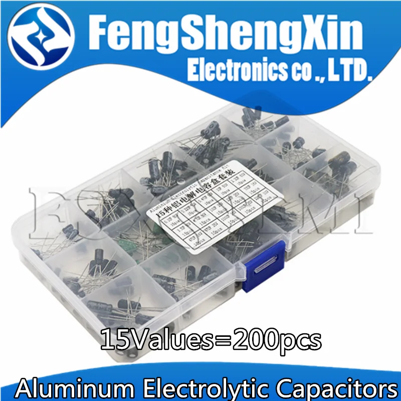 15Values 200Pcs/lot 0.1UF-220UF Aluminum Electrolytic Capacitors 16-50V  Electrolytic capacitor Assorted kit + box