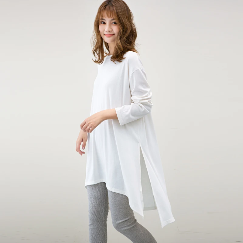 

Spring Summer Cotton Simple White Oversize Long T-shirt Women 2021 Casual Loose Split Midi Top O-Neck Long Sleeve Bottoming Tee