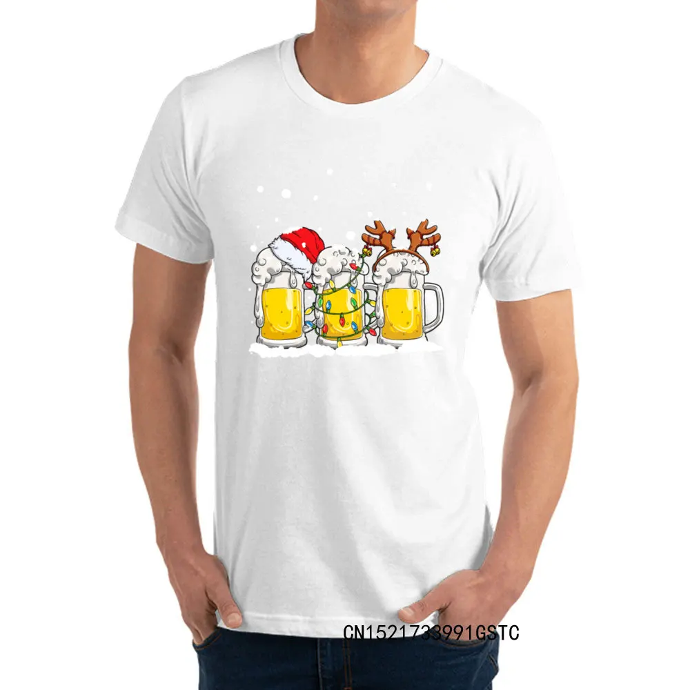 Fashionable Beer Christmas Mug Santa Reinbeer Xmas lights T-shirts for Men Popular O Neck Premium Cotton T-shirts Fashion Tees