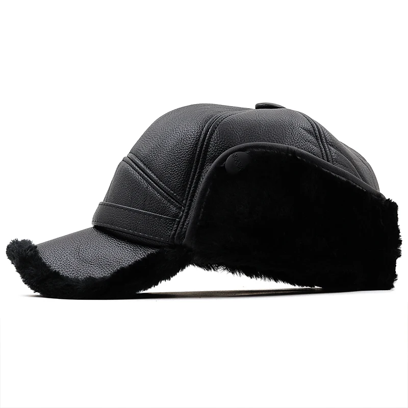 New warm Man Leather Hats Winter First Layer Cowhide Warm Earmuffs Bomber Caps Plus Velvet Thicken Male Bone Caps Dad Hat